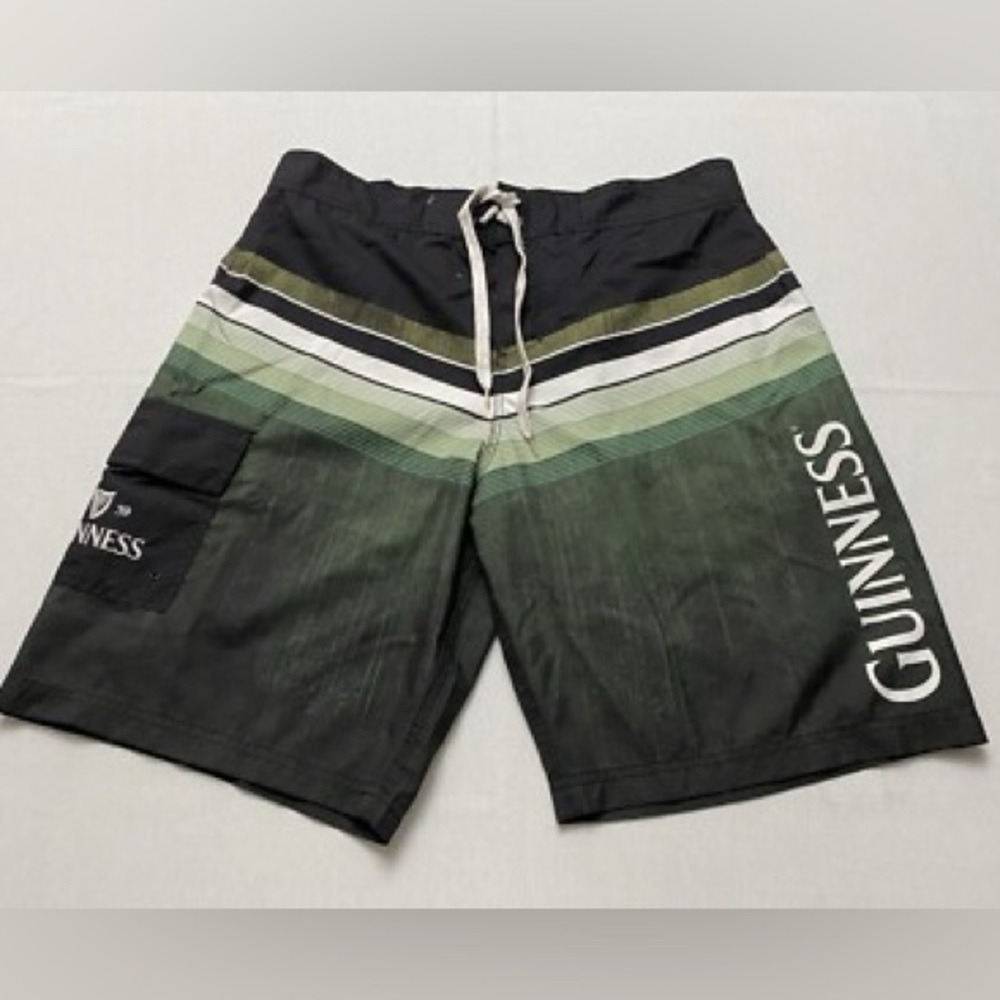 Guinness Green and Black Swim Board Shorts with Textured Stripes